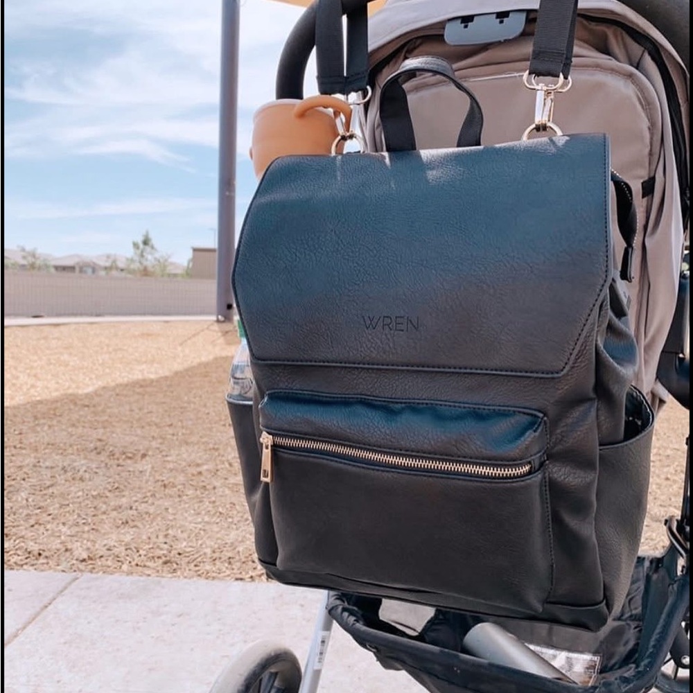 Wren Black Leather Diaper Bag Backpack with Gold Accents